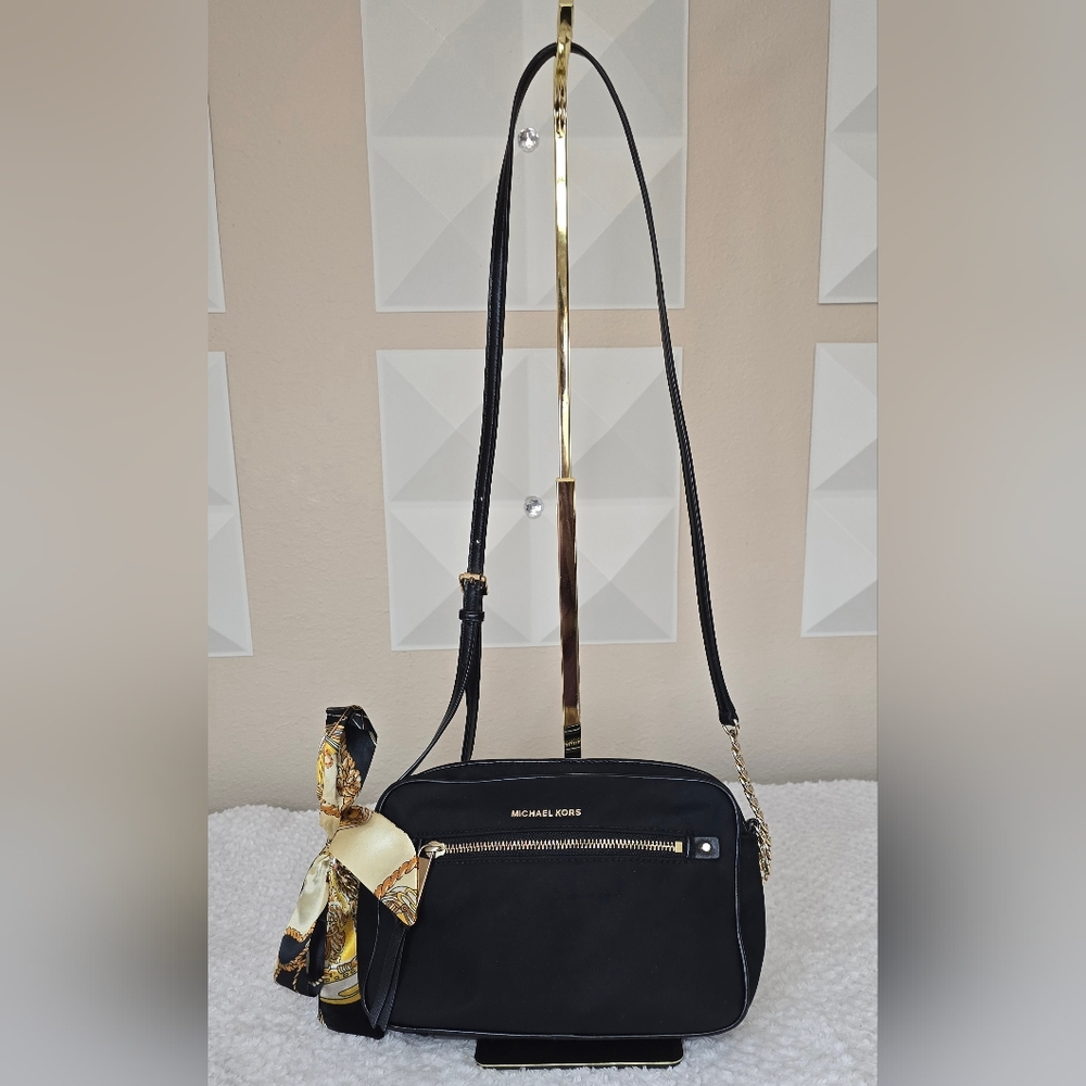 Michael Kors Black Nylon Crossbody Bag Gold Hardware Chain Strap + Scarf Accent